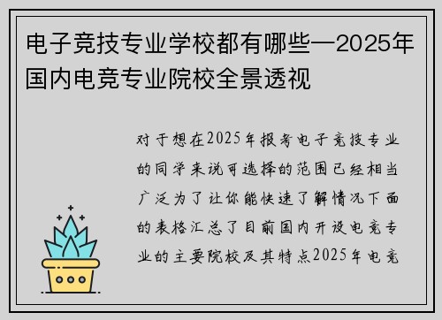 电子竞技专业学校都有哪些—2025年国内电竞专业院校全景透视